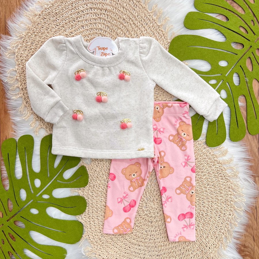 Conj. Casaco de Linho Pompons e Calça Legging em Plush - Areia e Rosa